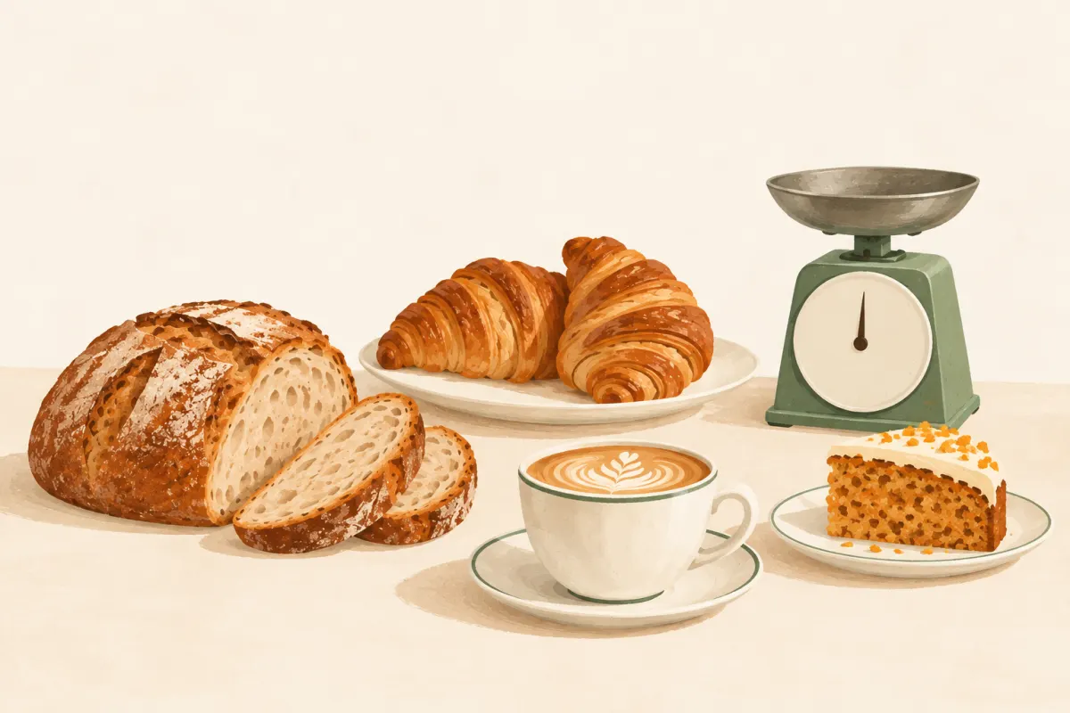 Brot, Croissants, Cappuccino und ein Stück Kuchen neben einer Küchenwaage