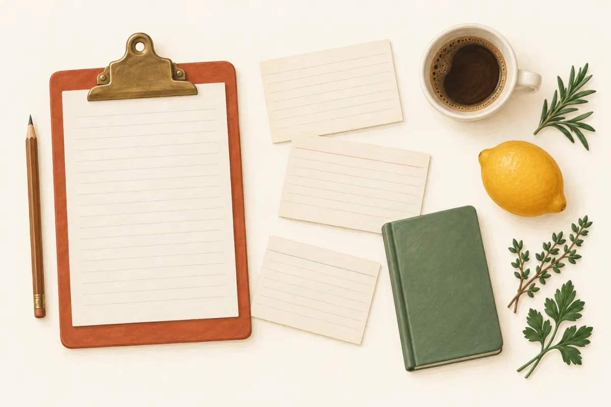 Klemmbrett mit leerem Blatt, Karteikarten, Notizbuch, Kaffee und Zitrone auf dem Arbeitstisch