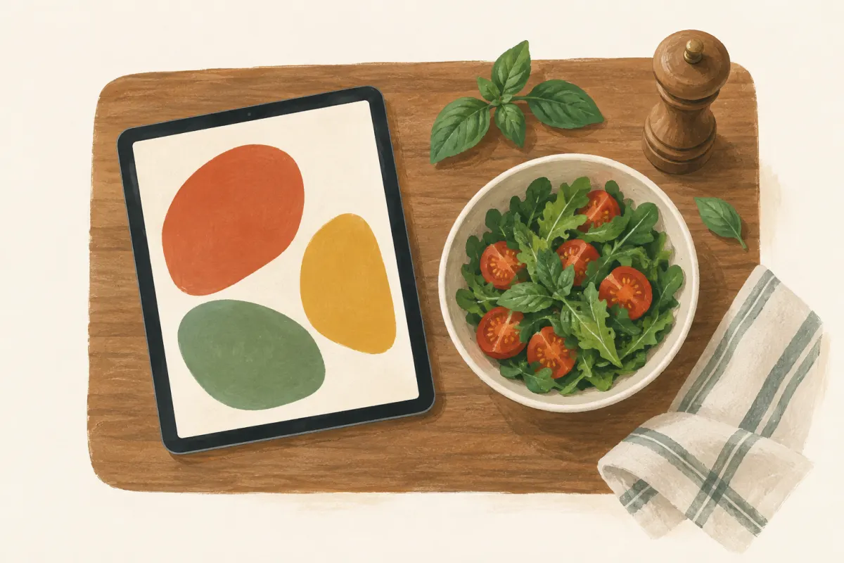 Tablet auf einem Küchenbrett neben einer Salatschüssel, Basilikum und Pfeffermühle